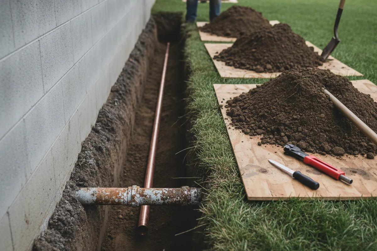 Excavated water line trench during Water Heater Repair in Middleburg